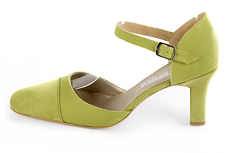 Pistachio green women's open side shoes, with an instep strap. Round toe. High kitten heels. Profile view - Florence KOOIJMAN